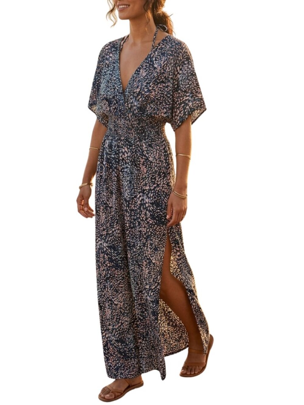 Lovestitch Maxi Dress M/L Black Abstract Print Kimono Sleeve Smocked Boho Slit